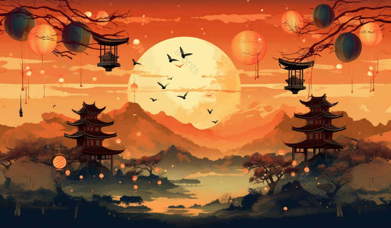 山川湖泊河流树木灯笼中国风插画背景,插画/手绘图,插画/手绘图库,插画/手绘图下载,插画/手绘